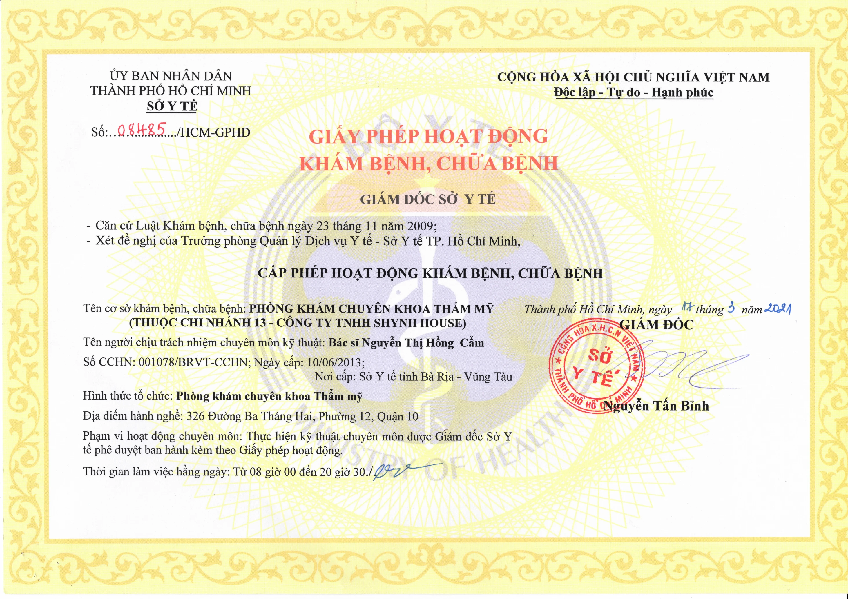 Giấy phép hoạt động của Phòng Khám Chuyên Khoa Thẩm Mỹ SHE by SHYNH (3 Tháng 2)