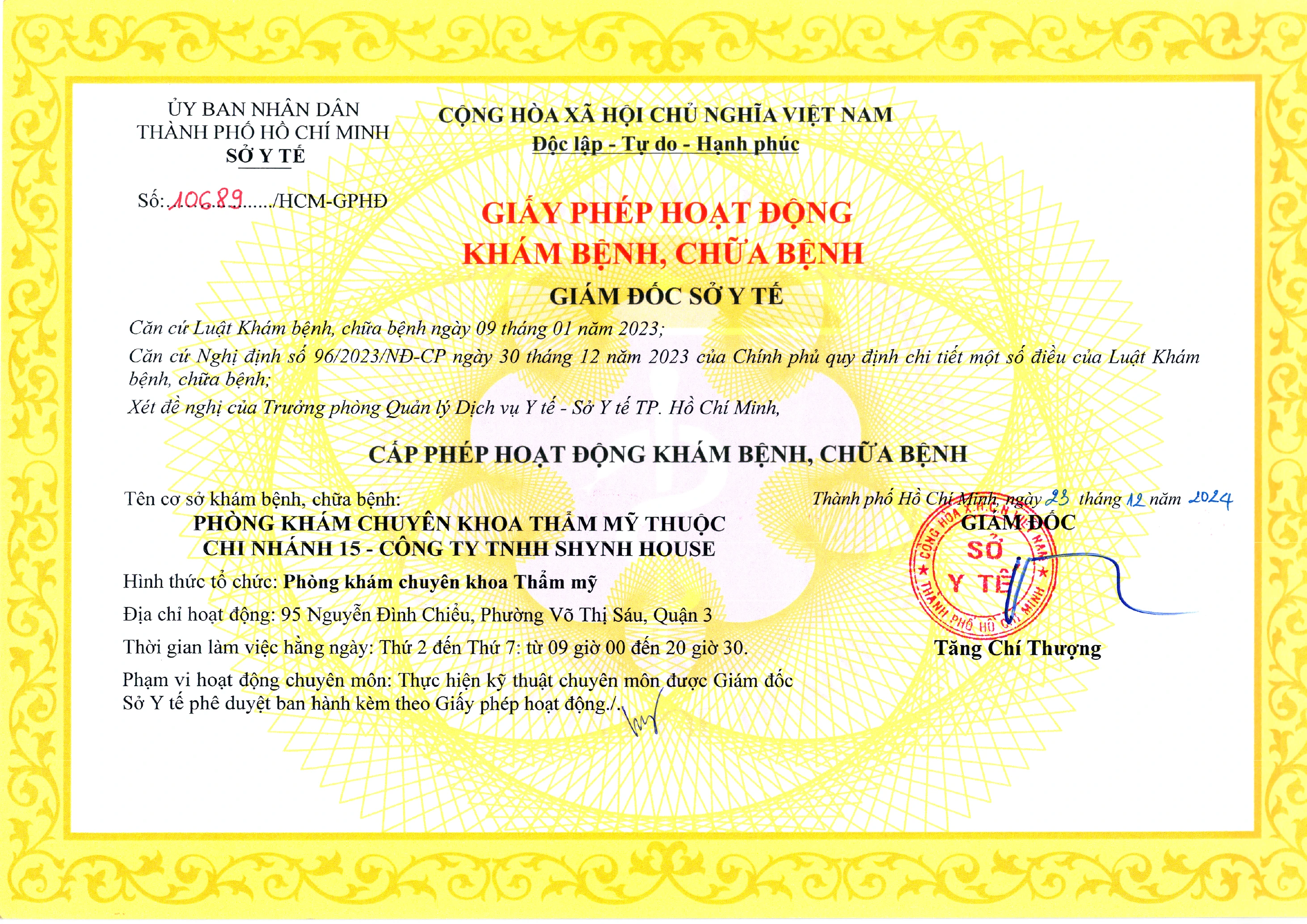Giấy phép hoạt động của Phòng Khám Chuyên Khoa Thẩm Mỹ SHE by SHYNH (Nguyễn Đình Chiểu)